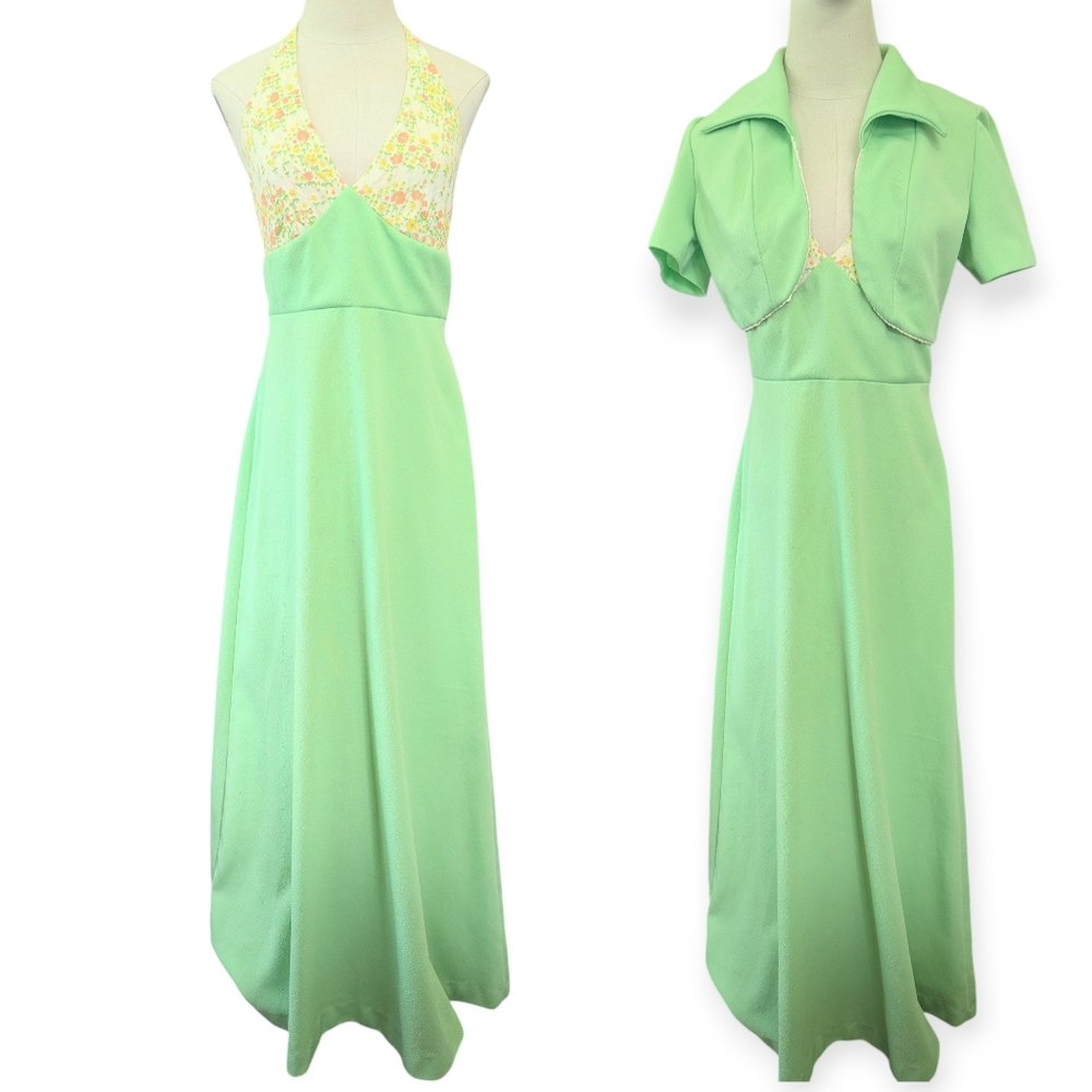 Vintage 70s Floral Halter Maxi Dress With Bolero Mint Green Mod